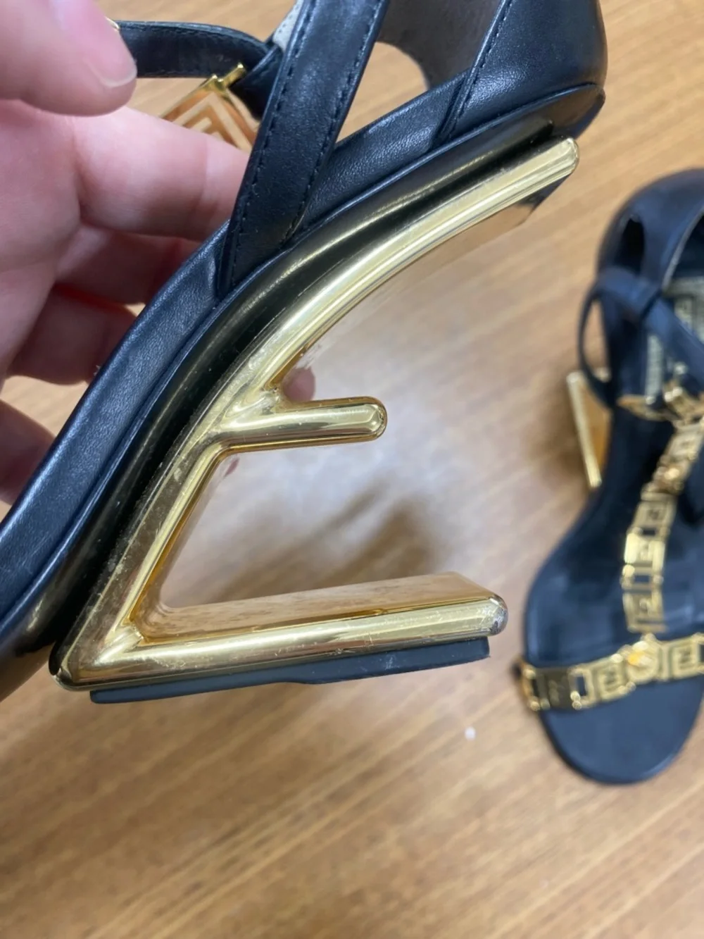Fendi First Fendace  Black Leather T-Strap Heels with Gold Medusa Chain